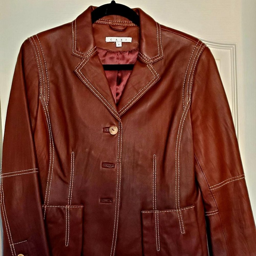 VINTAGE CAbi - Leather Jacket Brown Contrasting Stitch Trim